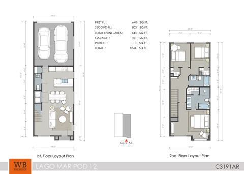 Floor plan for 3 beds, 2.5 baths, 1443 sqft